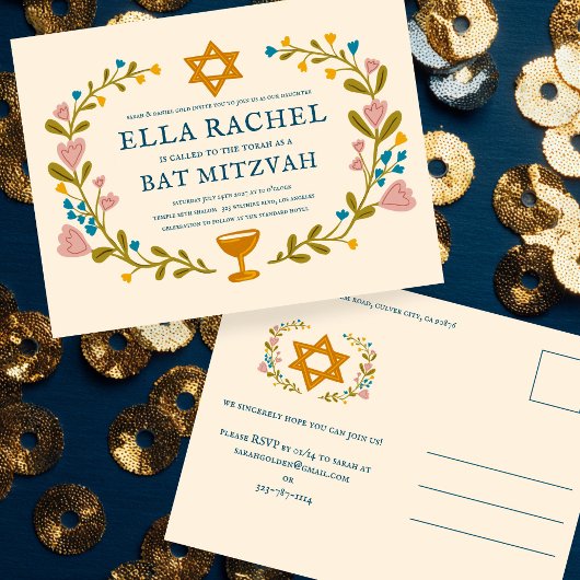 Carte Postale Bat mitzvah à couronne florale sur mesure dessiné