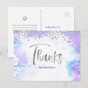 Carte Postale Bat mitzvah Argent Script Purple Aquarelle Merci