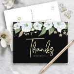 Carte Postale Bat mitzvah Black Gold Script Aquarelle Floral<br><div class="desc">Assurez-vous que votre Bat mitzvah préféré exprime sa reconnaissance à tous ceux qui ont soutenu son événement marquant! Envoyez cette carte postale sophistiquée et personnalisée ! Une aquarelle florale chic, étonnante, blanche et dorée parties scintillant avec typographie de script de feuille d'or et type de san serif blanc chevauche un...</div>