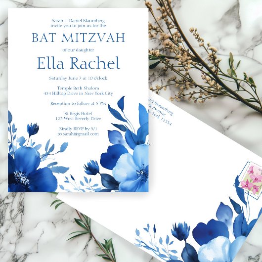 Carte Postale Bat mitzvah d'aquarelle Blue Blooms