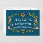 Carte Postale Bat mitzvah de couronne florale Code QR personnali (Devant / Derrière)