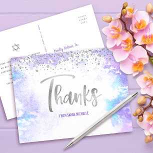 Carte Postale Bat Mitzvah Écriture Argent Violet Aquarelle Merci