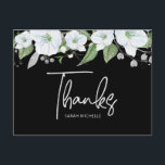 Carte Postale Bat mitzvah Noir Argent Script Merci Floral<br><div class="desc">Assurez-vous que votre Bat mitzvah préféré exprime sa reconnaissance à tous ceux qui ont soutenu son événement marquant! Envoyez cette carte postale sophistiquée et personnalisée ! Une aquarelle florale chic, étonnante, blanche et dorée parties scintillant avec typographie de script de feuille d'or et type de san serif blanc chevauche un...</div>