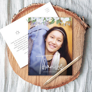 Carte Postale Bât Mitzvah Script Photo Argent Floral Merci