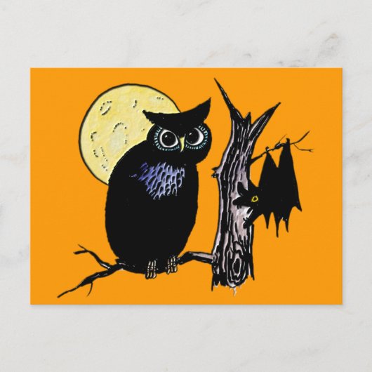 Carte Postale Bat Moon et Owl à l'Halloween (Devant)