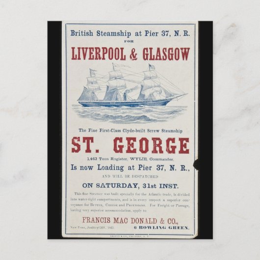 Carte Postale Bateau à vapeur Saint George 1863 (Devant)