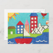 Carte Postale Bateau à voile et ballon à air chaud avec Cityscap (Devant / Derrière)