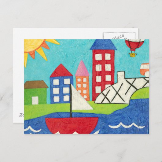 Carte Postale Bateau à voile et ballon à air chaud avec Cityscap (Devant / Derrière)