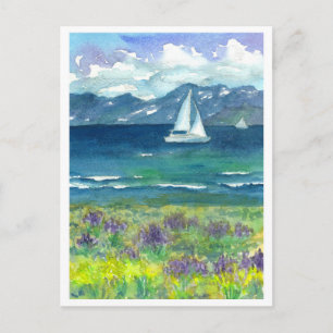 Carte Postale Bateau à voile Lac Mountain Purple Aquarelle Lupin