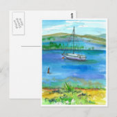 Carte Postale Bateau à voile Mountain Lake Aquarelle peinture (Devant / Derrière)