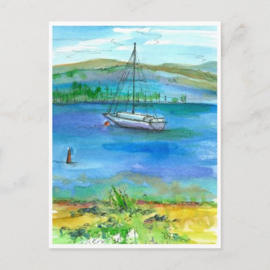 Carte Postale Bateau à voile Mountain Lake Aquarelle peinture (Devant)