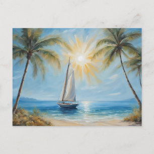 Carte Postale Bateau à voile près de Plage Tropical, Palmiers