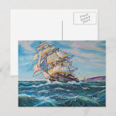 Carte Postale Bateau à voile sur les eaux froides Peinture à l'h (Devant / Derrière)