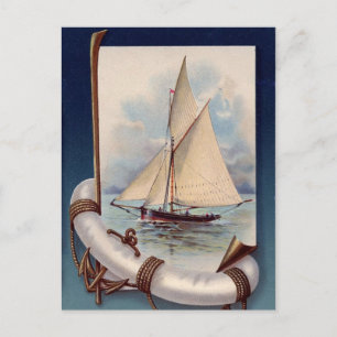 Carte Postale Bateau à voile vintage avec sauveteur, corde et an