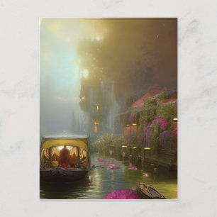 Carte Postale Bateau de fleurs panoramique Canal Art numérique