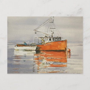 Carte Postale Bateau de pêche à l'aquarelle Maine Océan Orange S