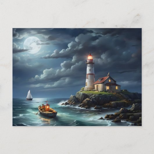 Carte Postale Bateau de rangée vide de lune de phare (Devant)
