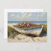 Carte Postale Bateau en bois usé avec Fleurs sauvages (Devant / Derrière)