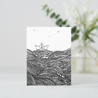 Bateau en papier dessiné au crayon sur des vagues