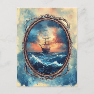 Carte Postale Bateau sur Stormy Sea Rope Border Art