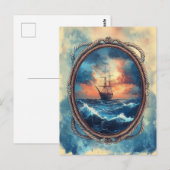 Carte Postale Bateau sur Stormy Sea Rope Border Art (Devant / Derrière)