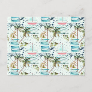 Carte Postale Bateau Watercolor avec Motif Palm Tree
