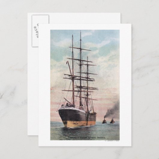 Carte Postale Bateaux remorqueurs remorquant un navire en mer (Devant / Derrière)