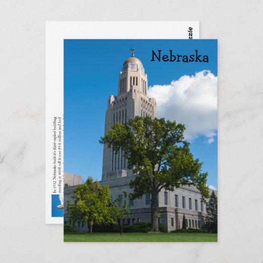 Carte Postale Bâtiment du Capitole de l'État du Nebraska (Devant / Derrière)