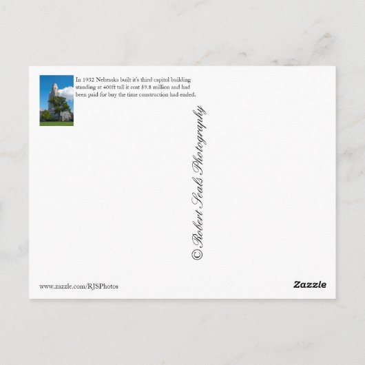Carte Postale Bâtiment du Capitole de l'État du Nebraska (Dos)