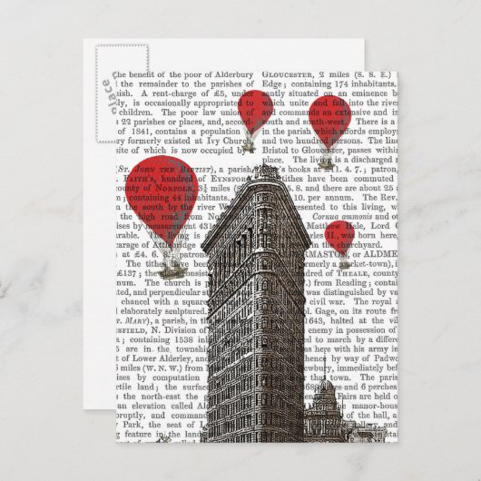 Carte Postale Bâtiment en fer plat et ballons rouges à air chaud (Devant / Derrière)