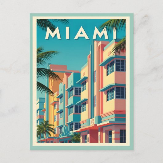 Carte Postale Bâtiments de Miami animés avec palmiers (Devant)