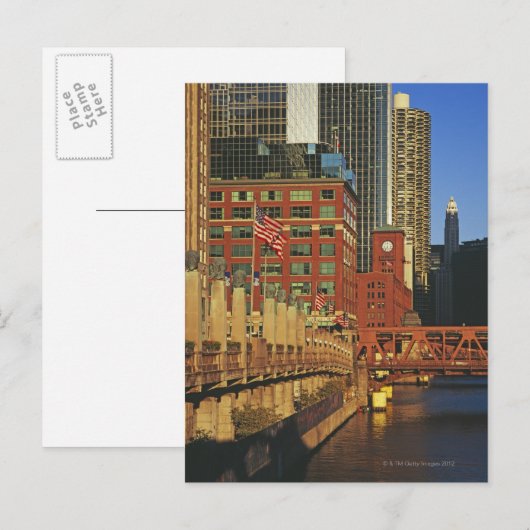 Carte Postale Bâtiments le long de la rivière Chicago du centre, (Devant / Derrière)