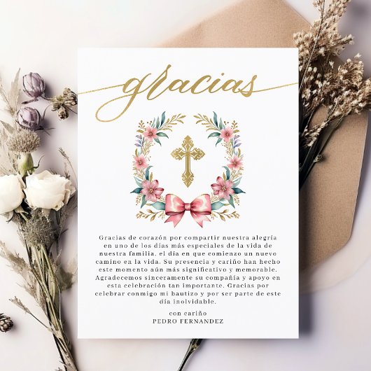 Carte Postale Bautizo Pink & Gold Merci espagnol 