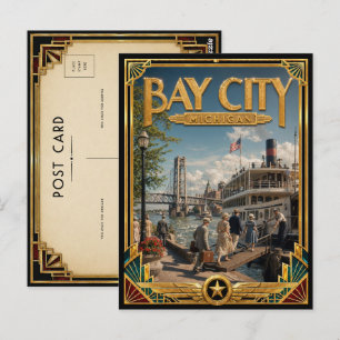 Carte Postale Bay City Michigan Art Déco vintage de l'âge d'or