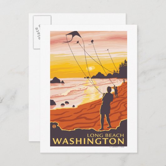 Carte Postale Beach & Kites - Long Beach, Washington (Devant / Derrière)