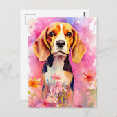 Carte Postale Beagle avec des fleurs Aquarelle (Devant / Derrière)