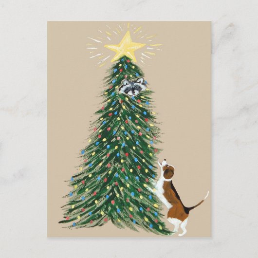Carte Postale Beagle Avec Raccoon Arboré (Devant)