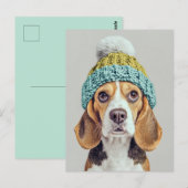 Carte Postale Beagle douillet dans un Casquette Knit d'hiver (Devant / Derrière)