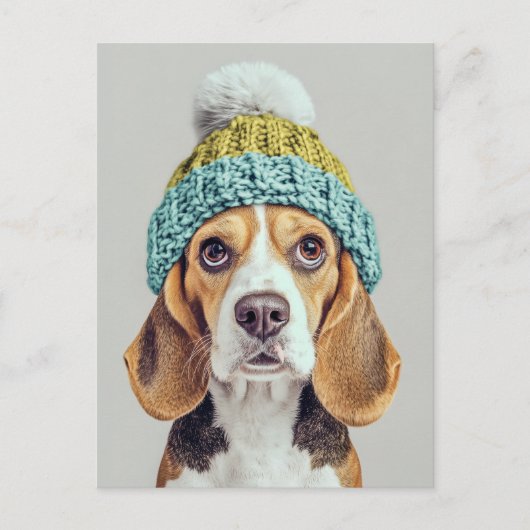 Carte Postale Beagle douillet dans un Casquette Knit d'hiver (Devant)
