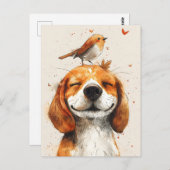 Carte Postale Beagle mignon avec un oiseau sur la tête peint mai (Devant / Derrière)
