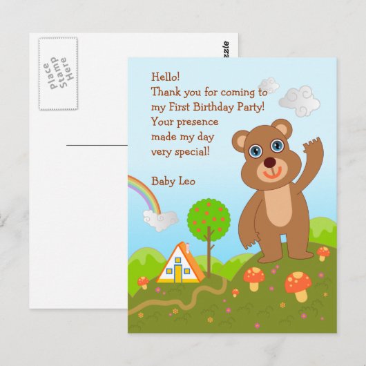 Carte Postale Bear First Birthday Merci note (Devant / Derrière)