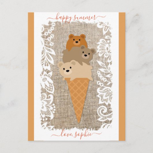 Carte Postale Bears mignonne Ice Cream Cone Happy été (Devant)