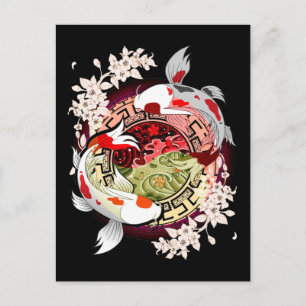Carte Postale Beau Art Japonais Fleur Koi Fish