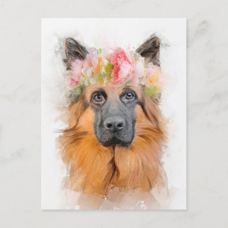 Carte Postale Beau Berger Allemand Portrait Couronne Fleur Berge