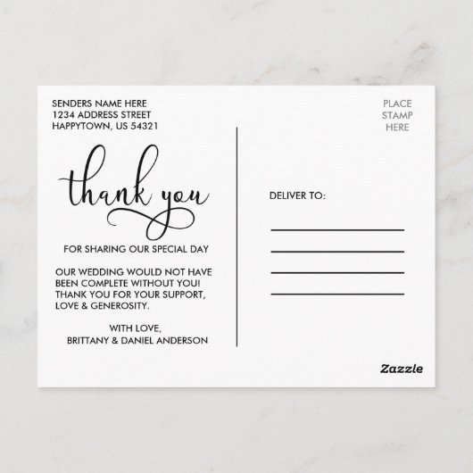 Carte Postale Beau Calligraphie Script Merci Mariage (Dos)