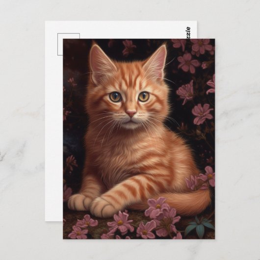 Carte Postale Beau Chaton À Gingembre Avec Fleurs Roses (Devant / Derrière)