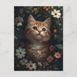 Carte Postale Beau chaton orange avec Fleur sauvage