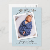 Carte Postale Beau Faire-part de naissance photo en cadre bleu (Devant / Derrière)