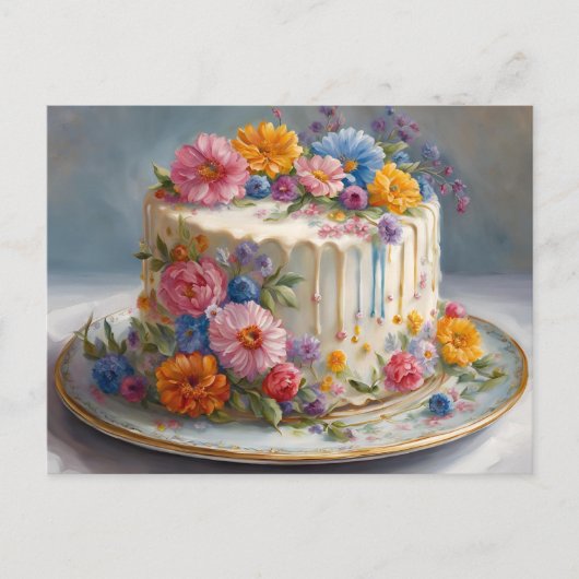Carte Postale Beau gâteau d'anniversaire avec fleurs (Devant)