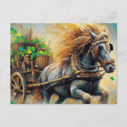 Carte Postale Beau Gray Gypsy Vanner Pulling Shamrocks de panier (Devant)